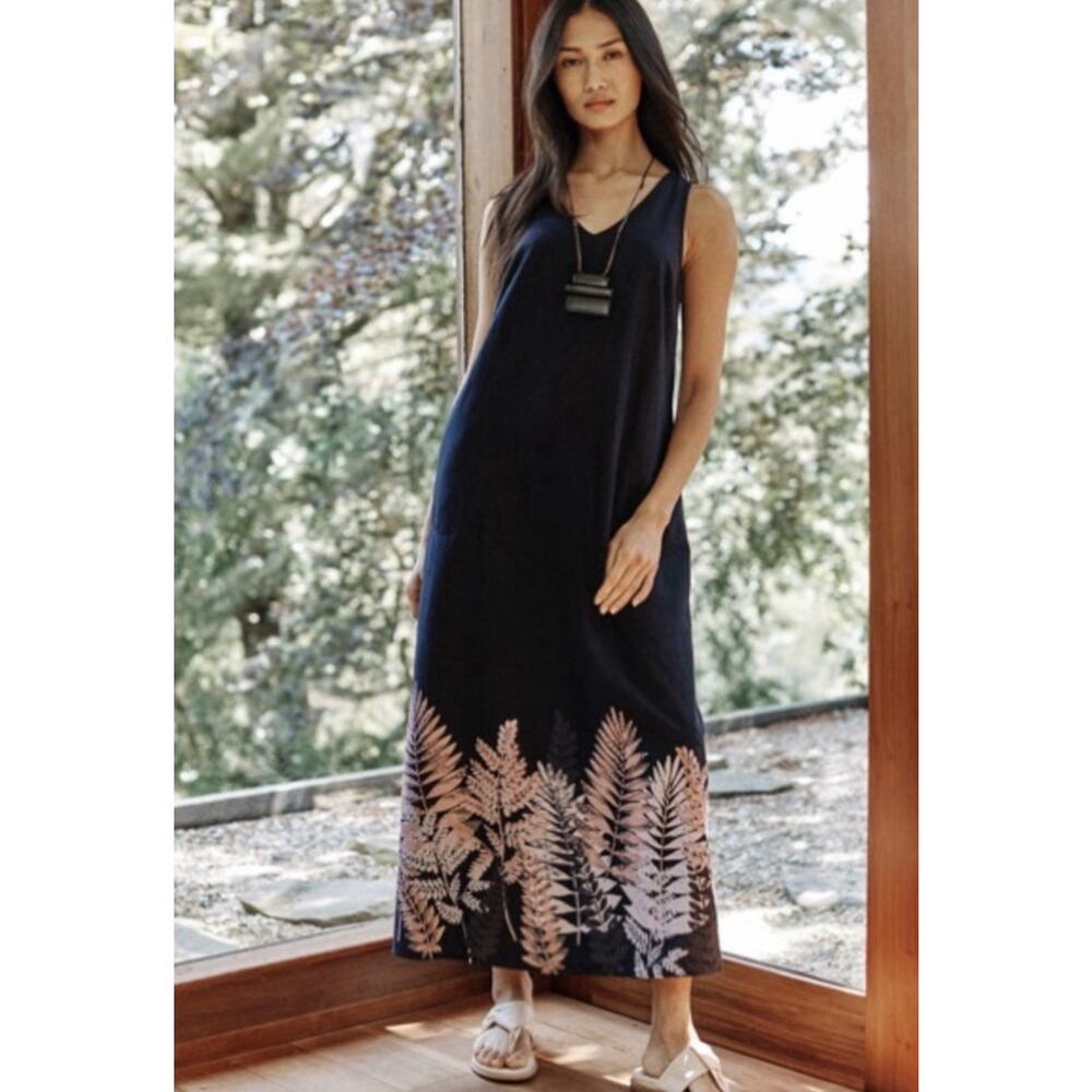 Pure J Jill Elements Kantha Stitch Tropic Dress A Line Black Pockets XL Petite